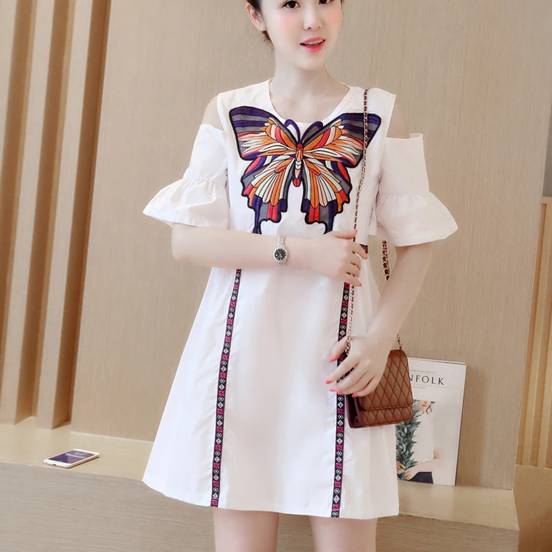 

SHTONGHUA Summer Plus Size M-3XL Dress Women Off Shoulder Larger Size Short Sleeves Butterfly Embroidery Casual Dress Dresses