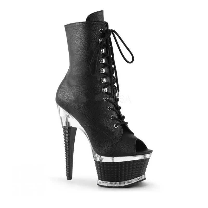 Пикантные женские ботинки на очень высоком каблуке 17 см; Босоножки на платформе с открытым носком и шнуровкой; туфли из искусственной кожи с высоким берцем для сцены