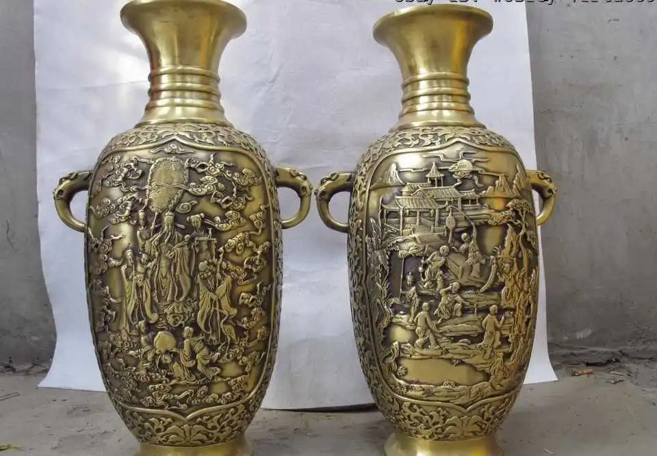 

China pure brass copper Three lucky Fukurokuju longevity god children vase pair