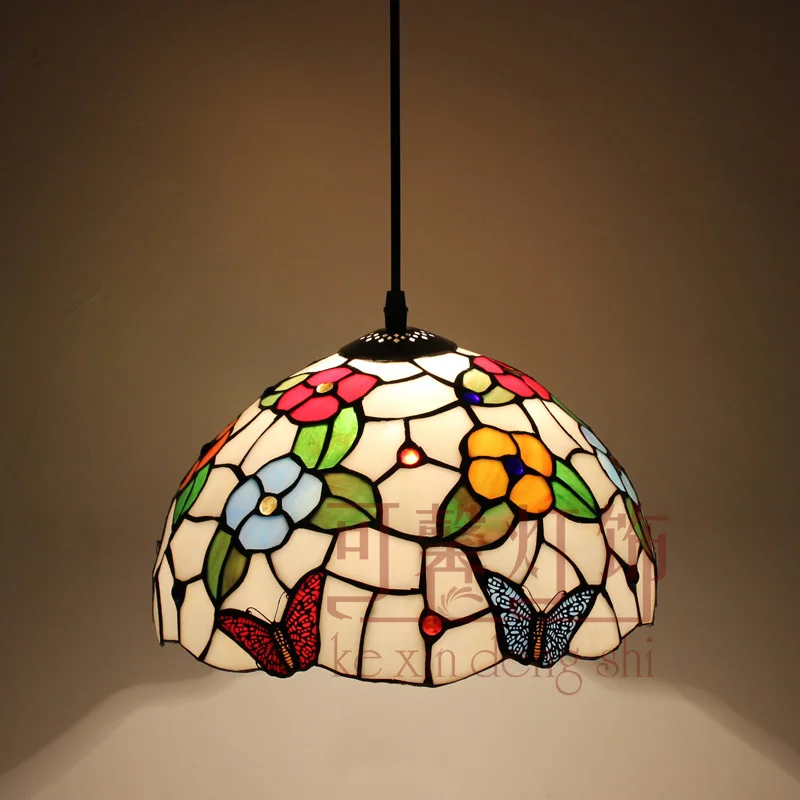 

12 Inch Flesh Country Flowers Butterfly Tiffany Pendant Light Stained Glass Lamp For Bedroom E27 110-240v Kitchen Dining Bar