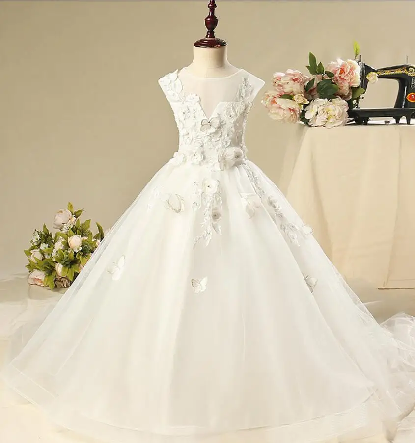 Свадебные платья с длинным шлейфом для девочек; белое Тюлевое платье с бусинами и бабочками для первого причастия; детское вечернее торжественное платье принцессы с юбкой-пачкой