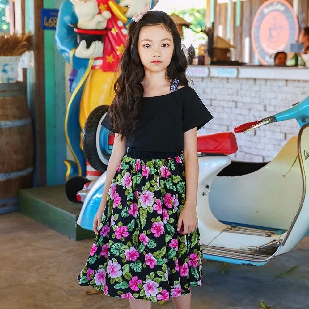 

Floral Printed Children Long Skirts For Girls Clothing 2018 Summer Spring Black Big Kids Casual High Waist Skirt Kids Clothes