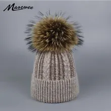 Меховые вязаные зимние шапки с помпонами для женщин, помпоны, шапочки, толстые зимние шапки, натуральный мех кролика, женские шапочки, шапки, теплая шапка