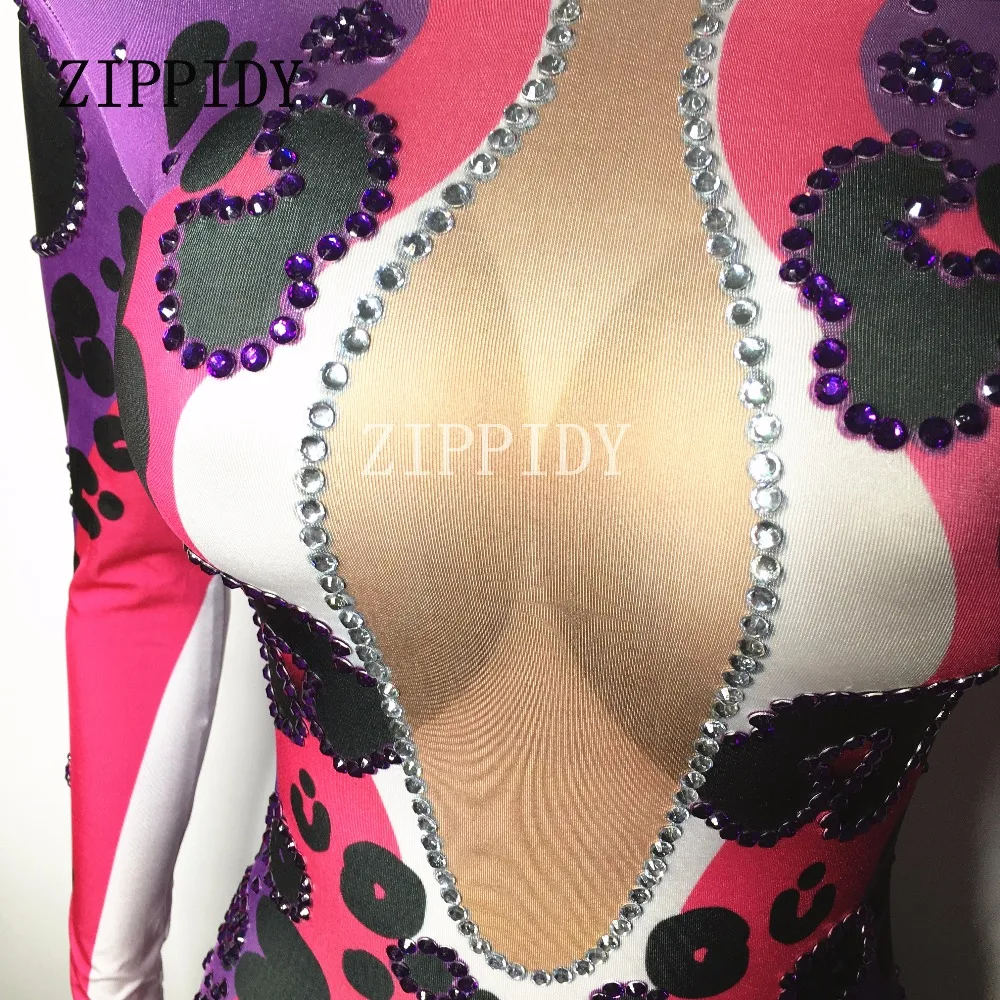 Женский леопардовый комбинезон с длинным рукавом и стразами|dancer wear|women singerrhinestone