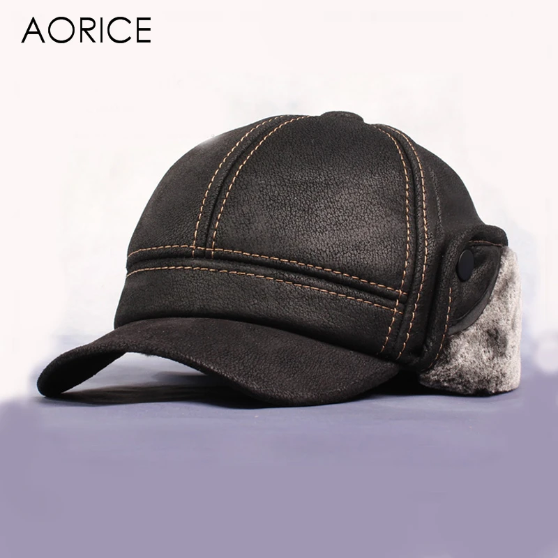 Preise Aorice Neue männer Peeling Echtem Leder Baseball Kappe Russische Winter Warme Baseball Hut Mit Faux Pelz Innen HL083