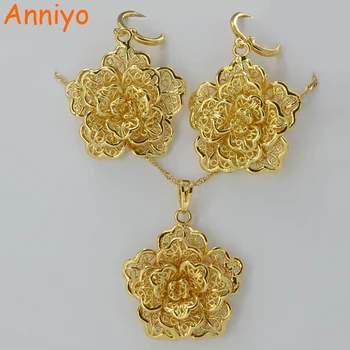 

Anniyo African Flower Pendant Necklace Earrings set Jewelry Gold Color Trendy set Ethiopian Items