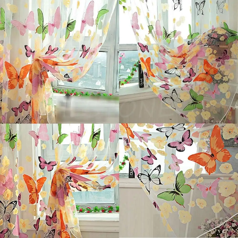 1PC Cute Butterfly Print Sheer Window Panel Curtains Room Divider New