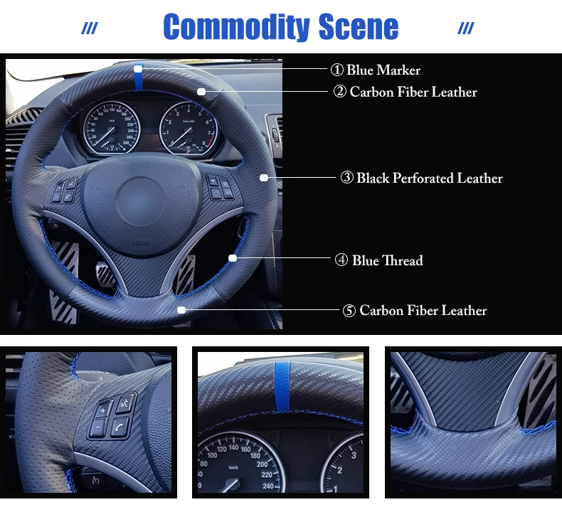 Углеродное волокно Кожа Черный Кожаный Синий Маркер рулевого колеса автомобиля Обложка для BMW E90 320i 325i 330i 335i E87 120i 130i 120d