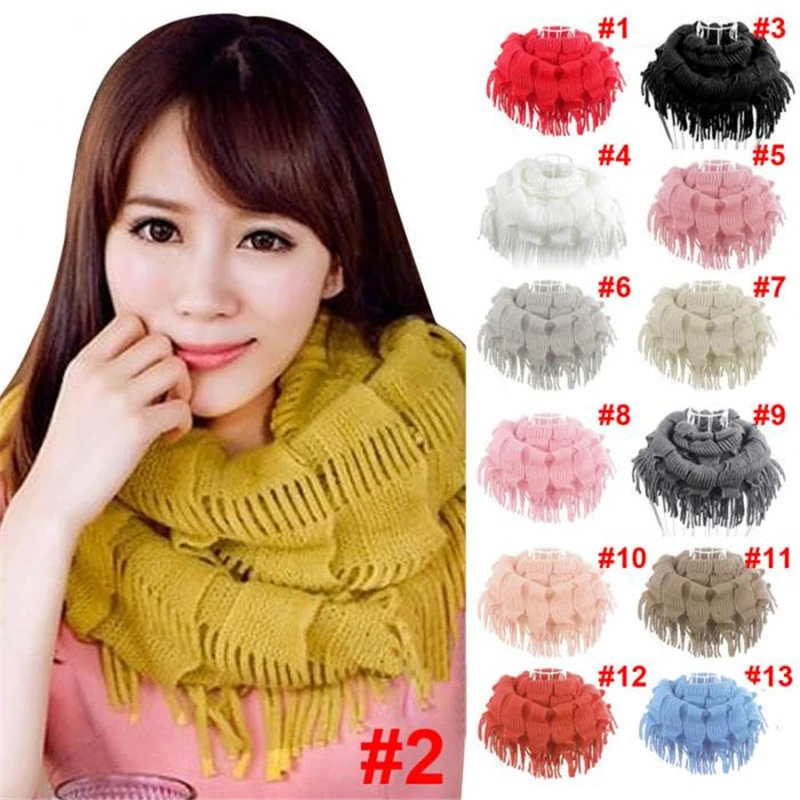 

New Fashion Womens Winter Warm Knitted Layered Fringe Tassel Neck Circle Shawl Snood Scarf Cowl IK88