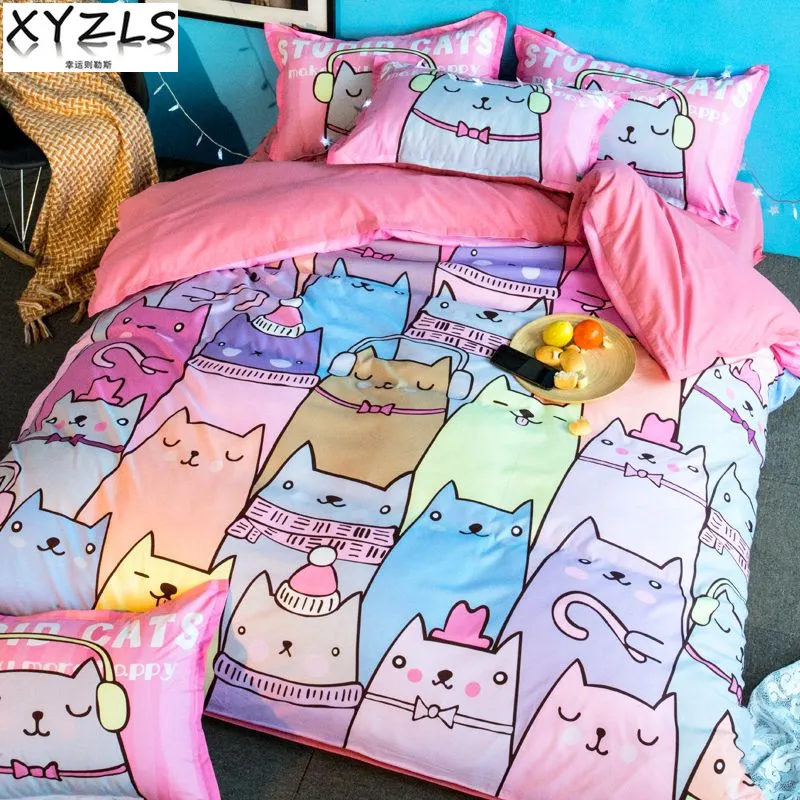 

XYZLS Cute Music Cat Queen Cotton Bedding Set Kids Pink Bedclothes Kitten Bed Linings Twin Full King Double Bedding Kit