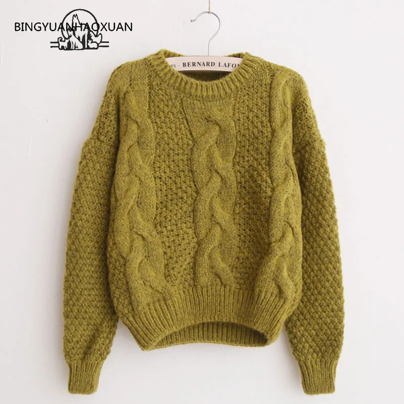 

BINGYUANHAOXUAN 2018 Women Thick Line Twist Sweaters And Pullovers Plaid Thick Knitting Mohair Sweater Female Loose Variegated