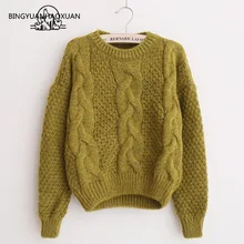 BINGYUANHAOXUAN 2018 Women Thick Line Twist Sweaters And Pullovers Plaid Thick Knitting Mohair Sweater Female Loose Variegated