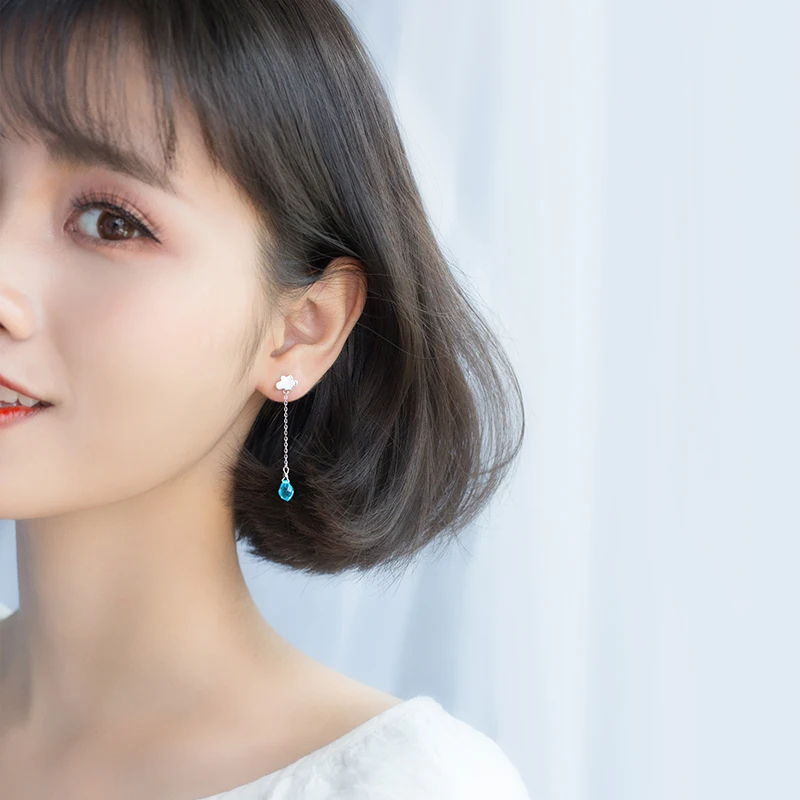 AROCH S925 Silver Cloud Earring Girl Fresh White Asymmetric Synthetic Blue Crystal Ear Accessories E9599 | Украшения и аксессуары