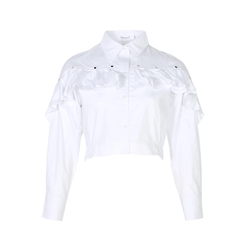 TWOTWINSTYLE летняя белая блузка для женщин с отворотом, длинным рукавом, пуговицами и оборками, топы и рубашки, Женская мода, новинка