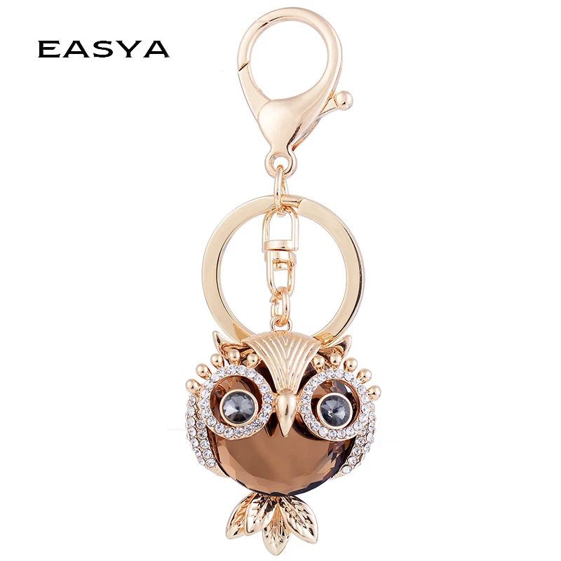 

EASYA Big Crystal Owl Keychain Champagne Rhinestone Car Keyring Women Bag Accessories Rhinestone Key Chain Metal Crafts