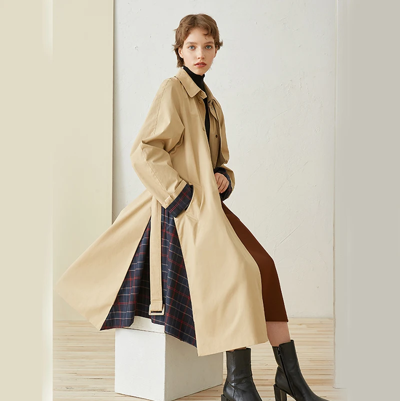 Khaki À Manches Nouveau Coupe Revers Ji314 Printemps Marée Longues vent 2019 Plaid Femmes Commune Kaki eam Veste Côté De Fendue Longue Mode wqI1x5XAn