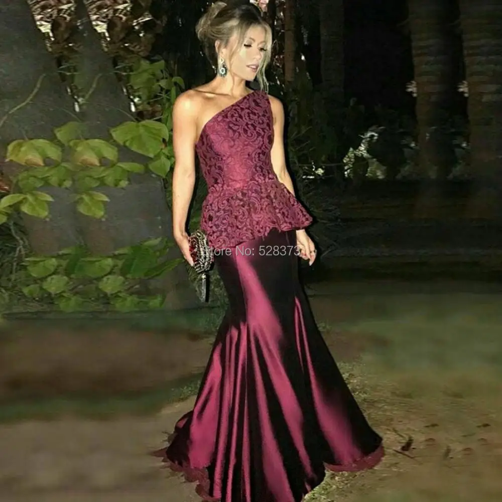 YNQNFS ED1 Burgundy Satin Lace Ruffle Waist One Shoulder Simple Mermaid Evening Dress Long Cheap | Свадьбы и торжества