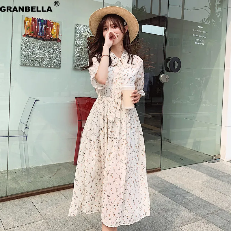 

Vintage Floral Print Chiffon Dress Elastic Waist Women Spring A-line Lace Up Flare Sleeve Bohemian Beach Dress Femme Vestidos