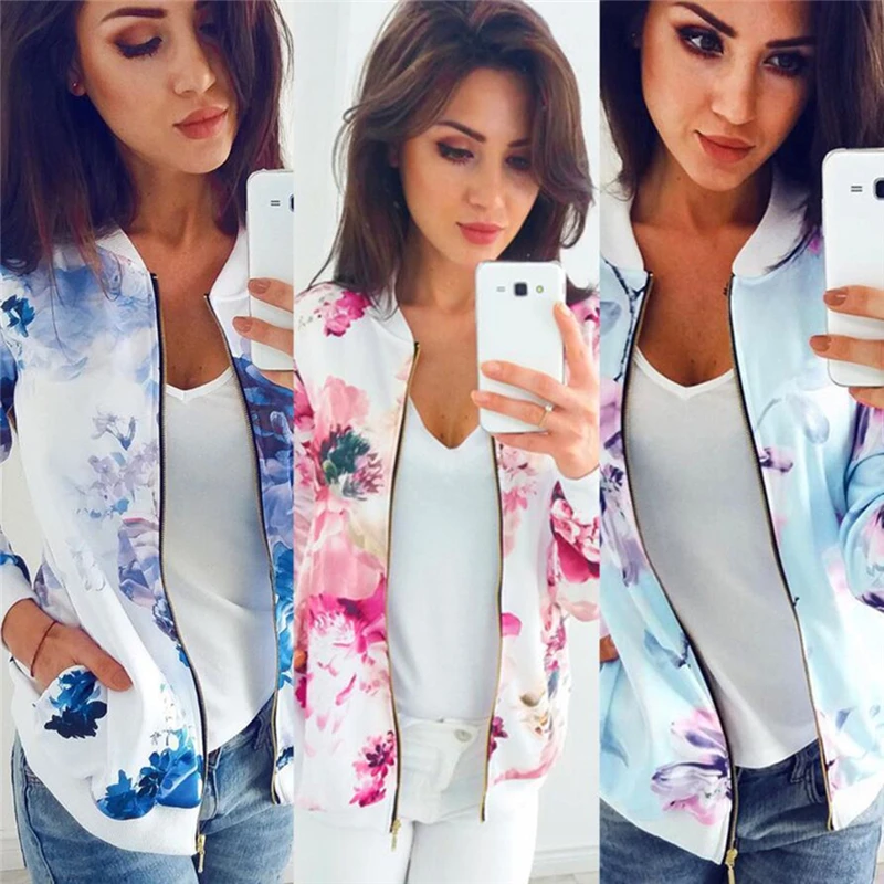 

Flower Floral Print Baseball Jacket Bomber Jacket Women Basic Coats Long Sleeve Top Streetwear Zipper Casual Outwear Autumn 2019