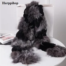 Harppihop мех серебристой лисы черный цвет Лисий Мех c/w шарф из меха кролика рекс накидка шаль лучший Рождественский подарок на день рождения