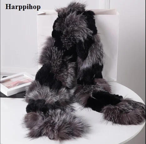 Baratos Harppihop Piel de zorro plateado color negro nueva piel de zorro c w rex conejo piel bufanda abrigo capa chal mejor regalo de navidad regalo de cumpleaños