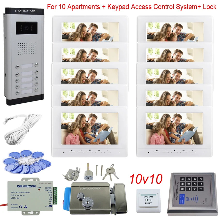 Access Control Keypad 10 Apartments Home Phone For Home Color 7\ Indoor Monitor Camera Doorbell + Electronic Door Lock System