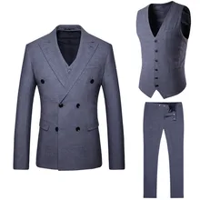 Мужской костюм теперь популярен мужской серый Двубортный повседневный костюм комплект из 3 предметов(пальто+ брюки+ жилет) банкетное платье