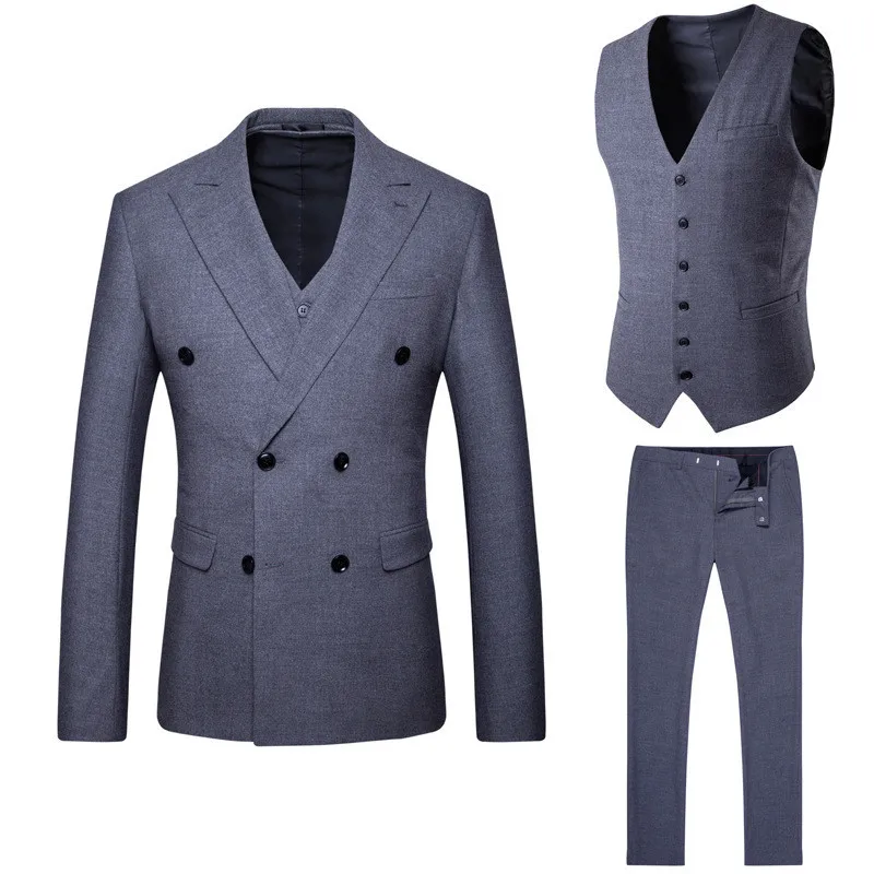 

Men's suit is now popular new men's gray double-breasted casual suit 3 piece set (coat + pants + vest) banquet dress