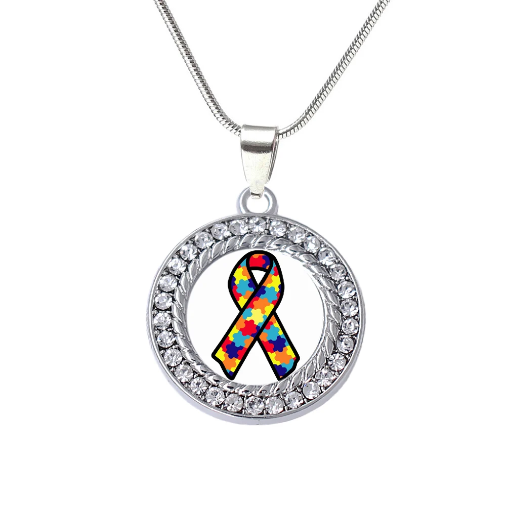 Eco friendly Silver Plated Crystal Puzzle Piece Awareness Ribbon Round