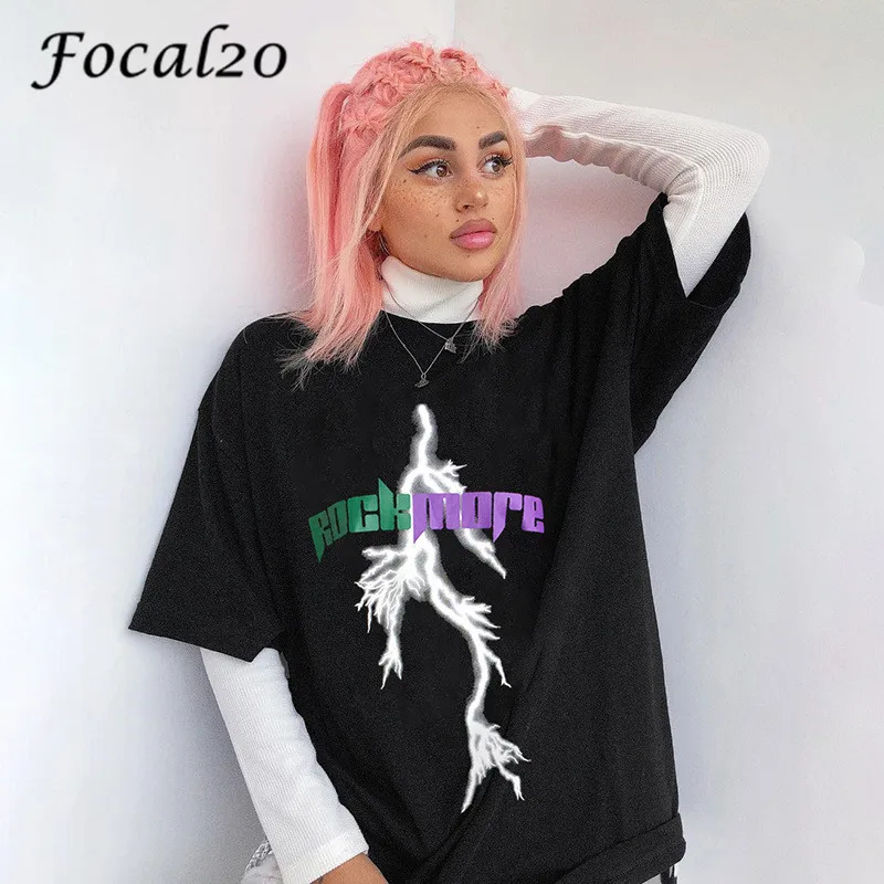 

Focal20 Streetwear Lightning Letter Print Women T Shirts Short Sleeve Crew Neck Loose Summer Spring Female T-shirt Top Tees