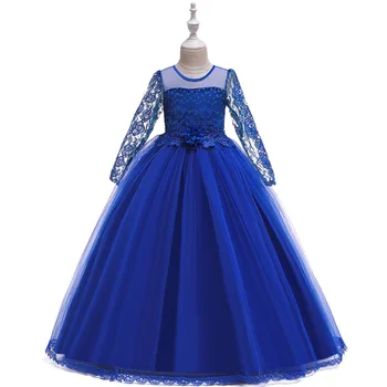 

Well Design Ballgown Royal Blue Formal Kids Dreses for Evening Party Long Sleeves Lace First Communion Dress