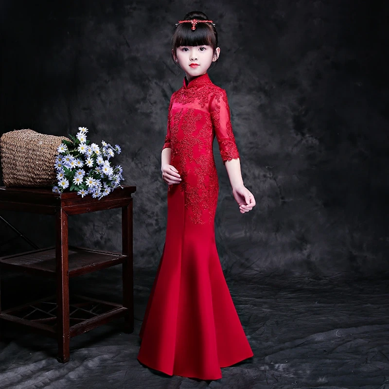 

Luxury Princess Girl's Mermaid Dress New Turtleneck collar Emboridery Lace Gowns Half-sleeve Girls Banquet Party Dresses F625