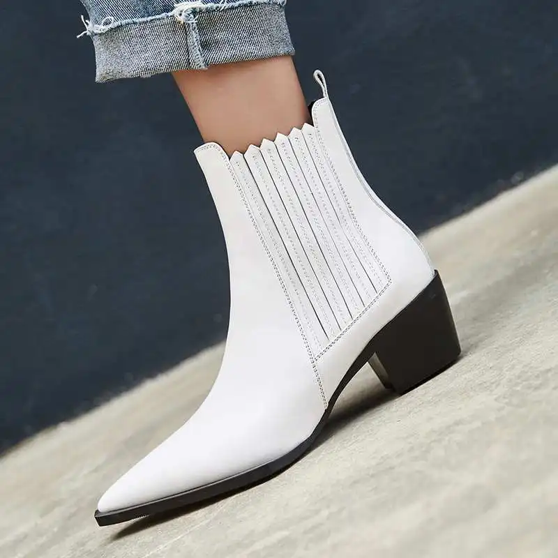 

full grain leather Chelsea boots thick med heel brand women high quality concise design office lady ankle boots L09