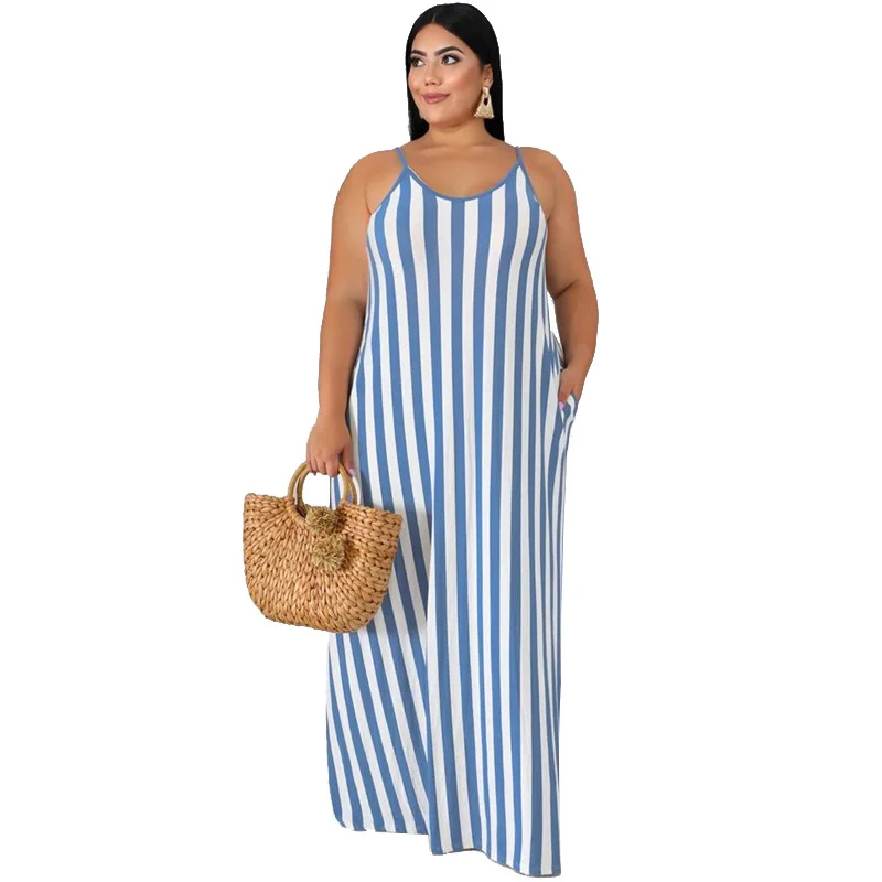 5XL 4XL Большие размеры летнее пляжное длинное платье Большие размеры платье цветные полосатые платья плюс размер 3XL Женская одежда пояс Vestidos - Цвет: Синий