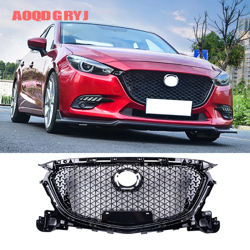 

Car styling 1pcs For Mazda 3 Axela sedan 2017 2018 Glossy Black Honeycomb Bumper Mesh Grill Grille decoration with Silver badge