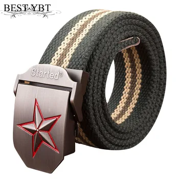

Bset YBT Unisex Canvas belt Three-dimensional red star Automatic buckle belt men thick canvas outdoor casual cowboy pants belt