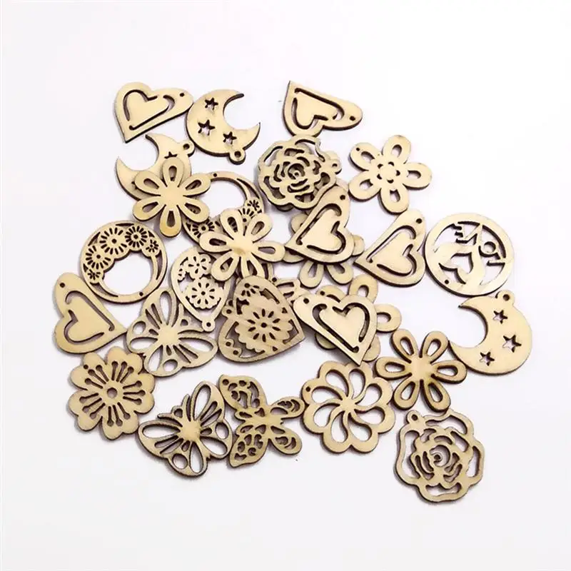 50pcs Mix Laser Cut Wooden Pendant Decorative DIY Craft Wood Pendant Jewelry Earing Making Sewing Buttons Natural Material A3