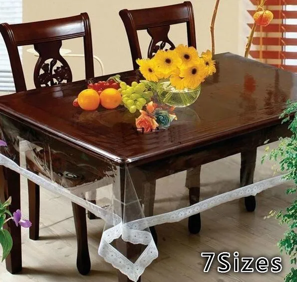 New Waterproof PVC Soft Glass Lace Tablecloth Rectangle Round Transparent Oil Proof Table Cloth Cov