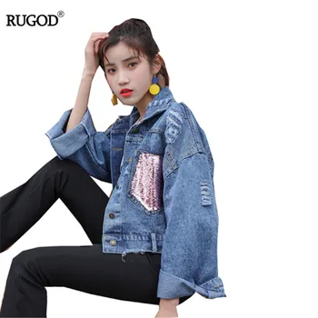 

RUGOD Fashion Pink Sequined Pocket Denim Coat Women 2019 Summer Casual Batwing Sleeve Ripped Hole Short jacket casaco feminino