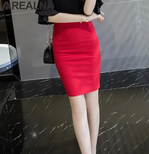AREALNA Classic Red Black Pencil Skirt Elegant Ladies Office Work Short ...