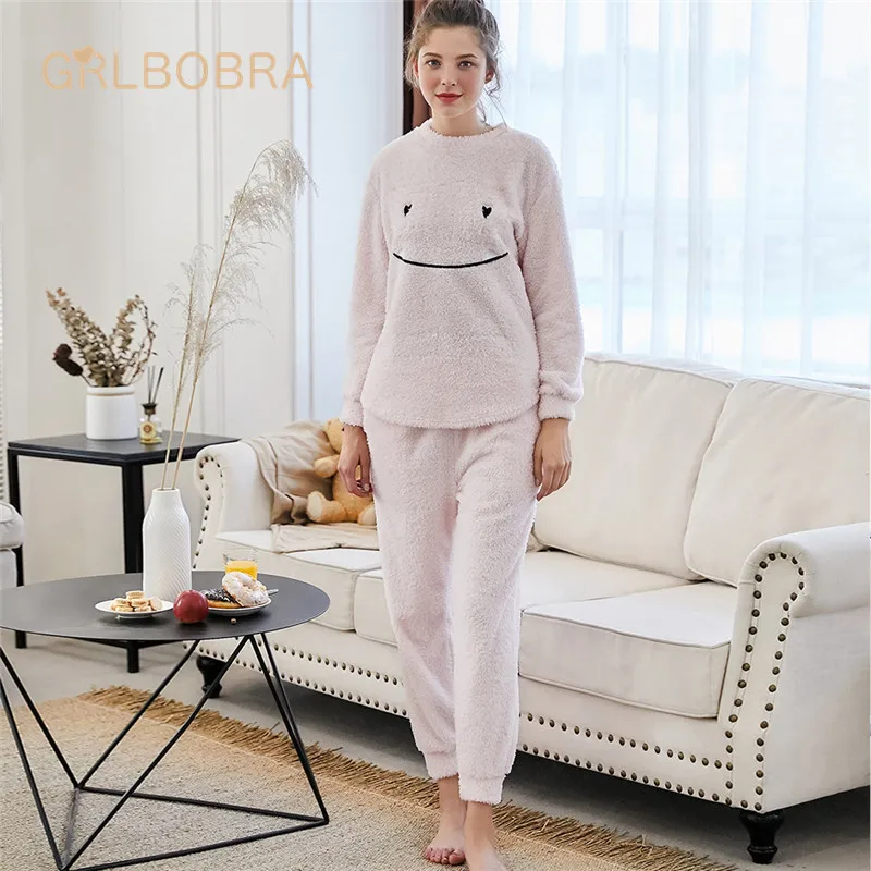 Women's 2 Pcs Sleepwear Simple Smile Pattern Long Sleeve O Neck Comfy Home Suit Pajamaspajamas