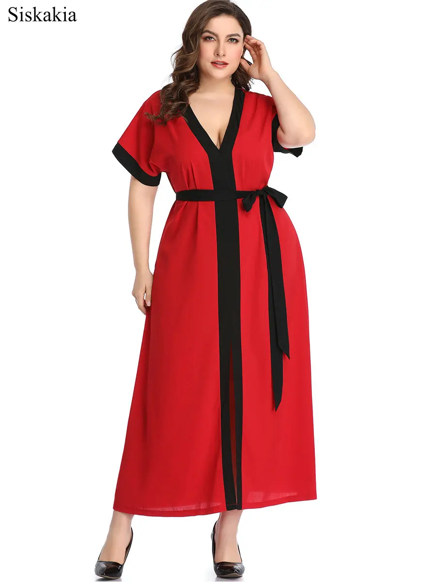 Siskakia Summer Maxi Dress For Women Stripe Color Block Patchwork Front Split Plus Size Female Party Dresses With Belt 2019 New  (2)