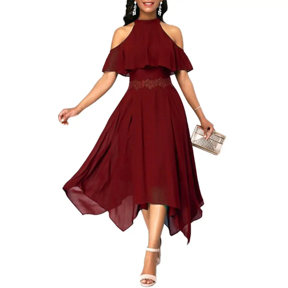 

Plus Size 2019 Fashion Elegant Women Solid Color Off Shoulder Short Sleeve Irregular Lady Evening Party Casual Maxi Dress