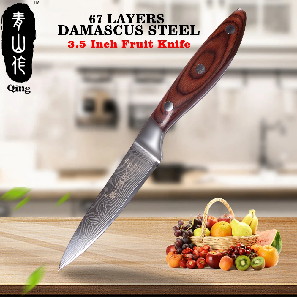 

QING Brand Sharp Damascus Knife 67 Layers Damascus Steel Cooking Tools Color Wood Handle Kitchen knife 3.5 inch Paring Knife