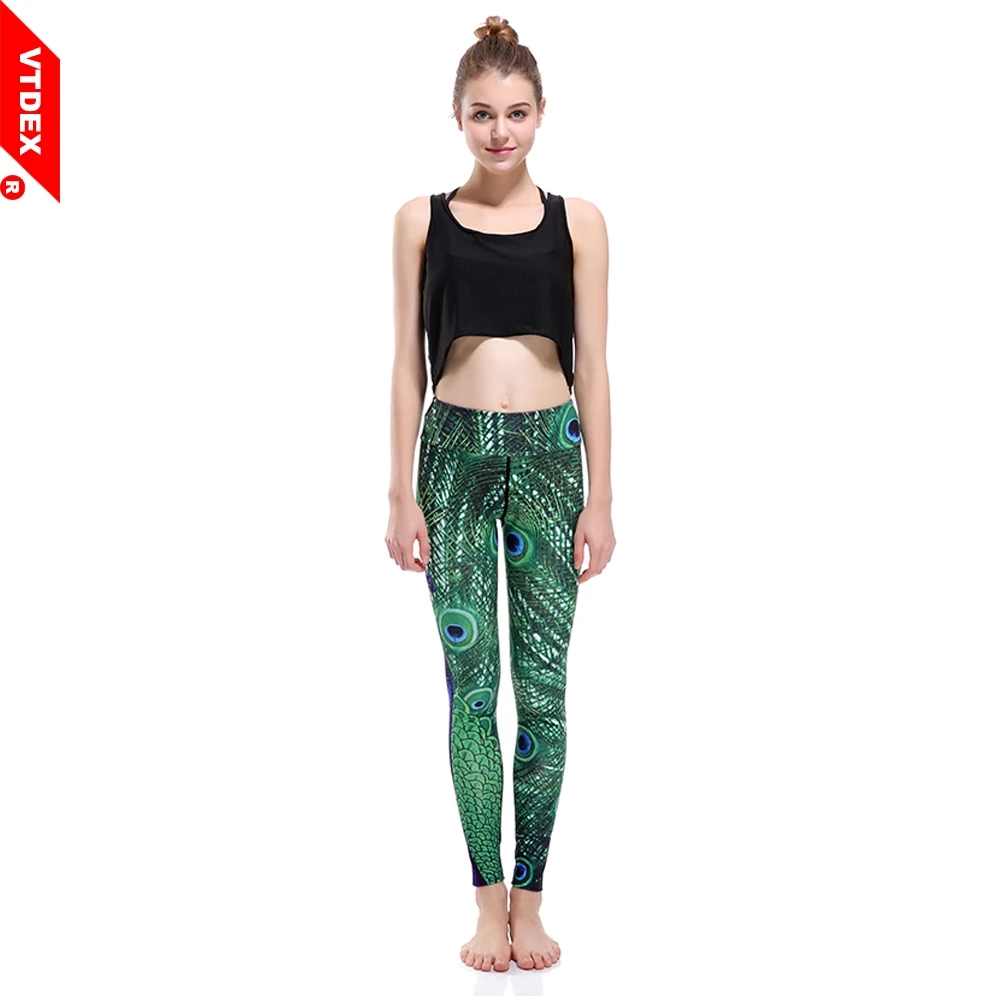 Vtdex الطاووس الريشة اليوغا السراويل 2017 جديد الطباعة الرقمية مطاطا اللياقة تجريب الرياضة الجوارب شعبية رياضة سريعة جاف