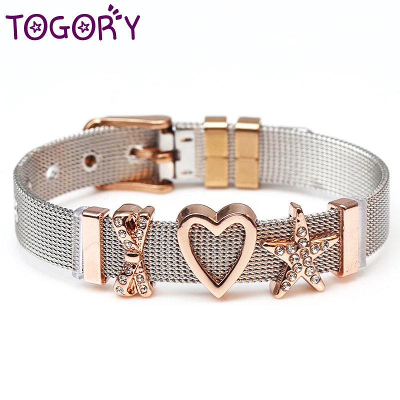 

TOGORY Two-tone Stainless Steel Mesh Bracelet Set Love Heart Crystal Charm Fine Bracelet Bangle Woman Lovers Girlfriend Gift