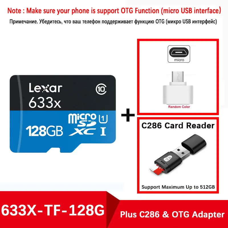 Lexar Tarjeta Micro SD карта 128 Гб карты памяти автомобиля Microsd 95 м/с класс 10 sd-карта 64 ГБ 32 ГБ TF SD Kaart карта для бесплатной доставки Микро сд КАРТА ПАМЯТИ карта памяти 32 флешка карта памяти for смартфон - Емкость: 633X-128G-C286-OTG