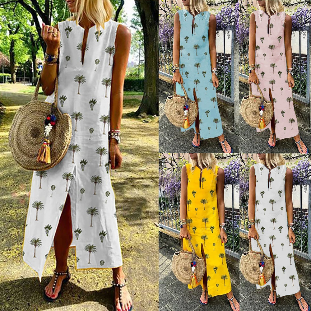 Женское Летнее Длинное Платье Макси Boho, Vestidos, повседневные Прямые платья с разрезом, женское шикарное пляжное платье, сарафан большого размера