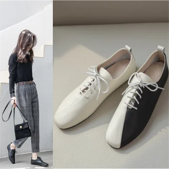 

INS hot women Pumps plus size 22-26.5cm length color stitching Genuine Leather shoes woman ladies shoes Low heel square toe