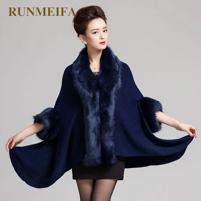 

Women Cardigan Autumn Winter Knitted Cashmere Poncho Feminino Faux Fur Collar Bridal Wedding Shawl Vintage Wool Coats Cloak